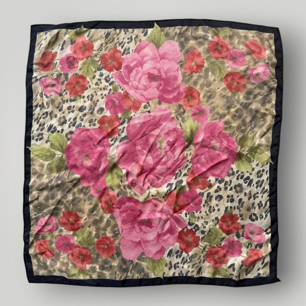 Vintage Oscar by Oscar de la Renta 100% Silk Scarf Leopard Floral Pink Roses - Picture 2 of 9